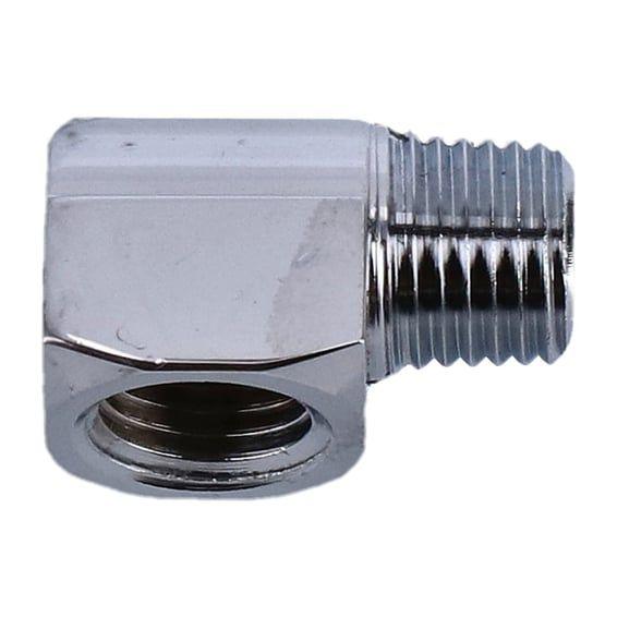 Adapter oil line fitting, 90 degrees. 1/4" NPT. Chrome