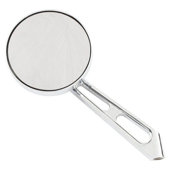 Mini-round aluminum mirror. Chrome, short stem, l&r