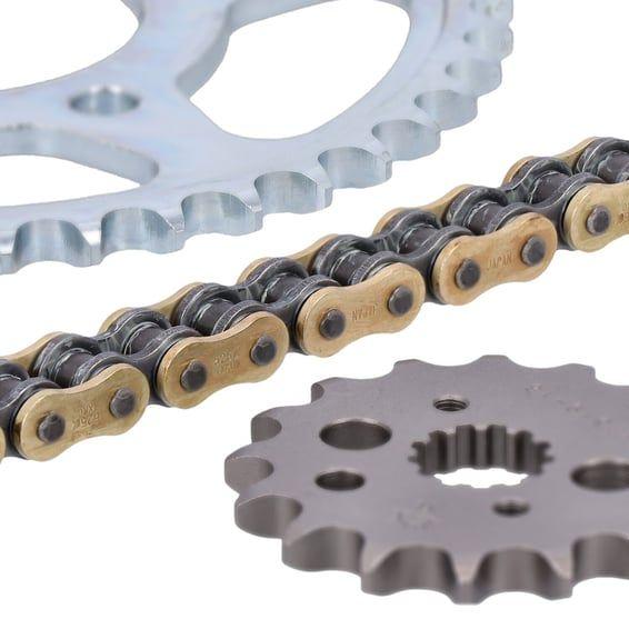 JT/Tsubaki sprocket and chain kit, 520 Alpha gold X-ring