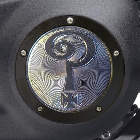 Indian Larry, 'Question Mark' derby cover. Matte black/clear
