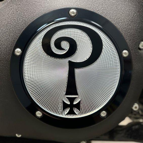 Indian Larry, 'Question Mark' derby cover. Gloss black/clear