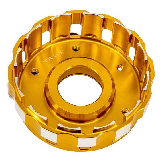 Trask, M8 billet clutch basket. Hard anodized gold