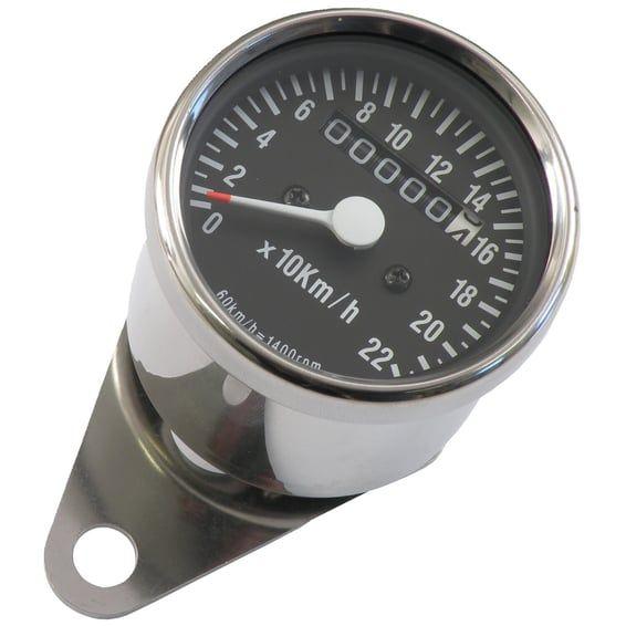 Mini speedometer, 2:1 kmh chrome with black face plate