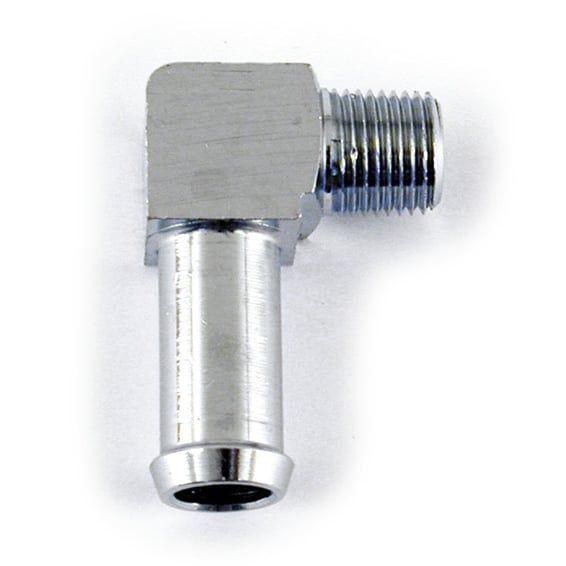 Oil line fitting, 90 degree. 1/8"-27 NPT to 3/8". Chrome