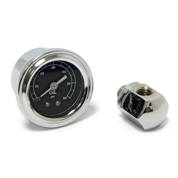 Oil pressure gauge kit rocker box, 0-60 PSI. Chrome