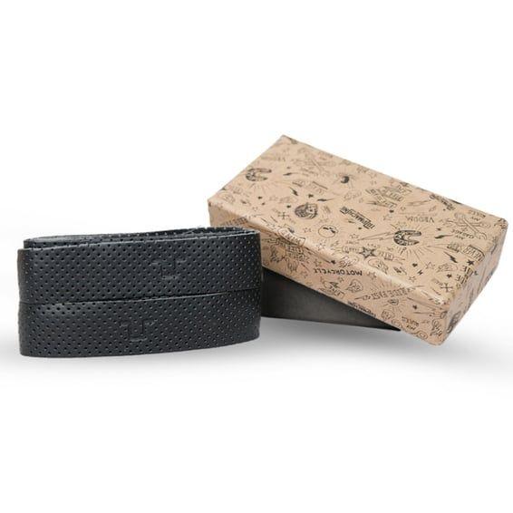 Trip Machine, leather handlebar grip wraps. Black perforated