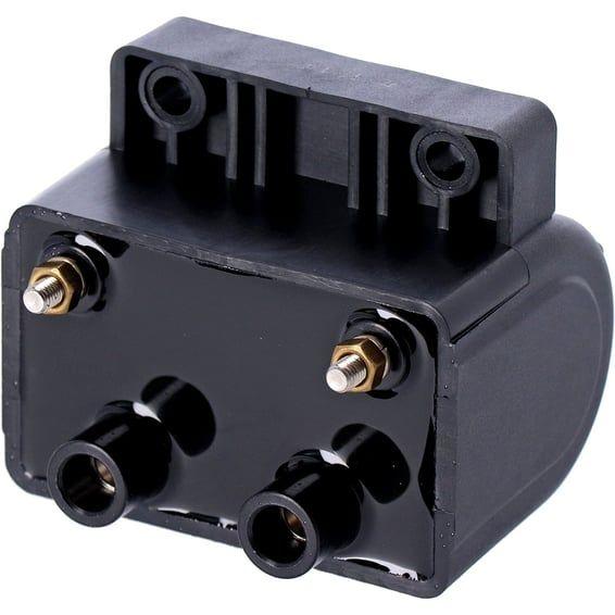 Late OEM style ignition coil. 12v, 5 ohm. Black