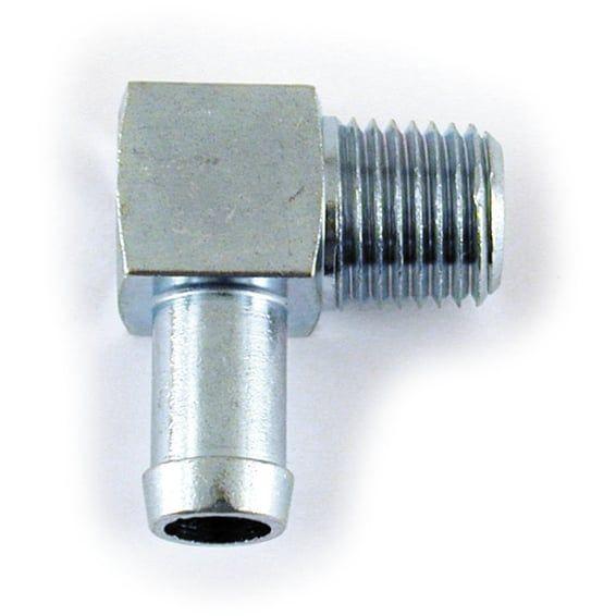 Oil hose fitting, 90 degrees. 1/4" NPT to 3/8". Chrome