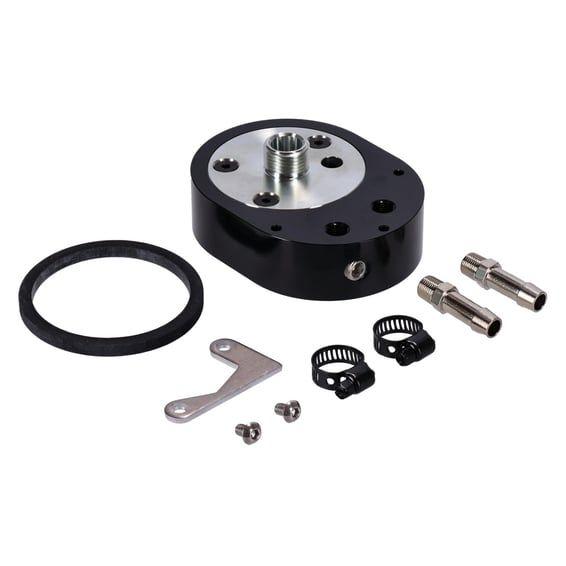 offset oil filter adapter with thermostat. Black