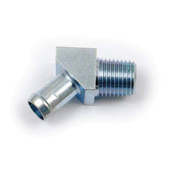 Oil hose fitting, 45 degrees. 1/4" NPT to 3/8". Chrome