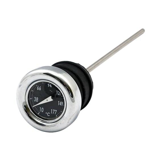 Oil tank dipstick with temperature gauge. Chrome black face