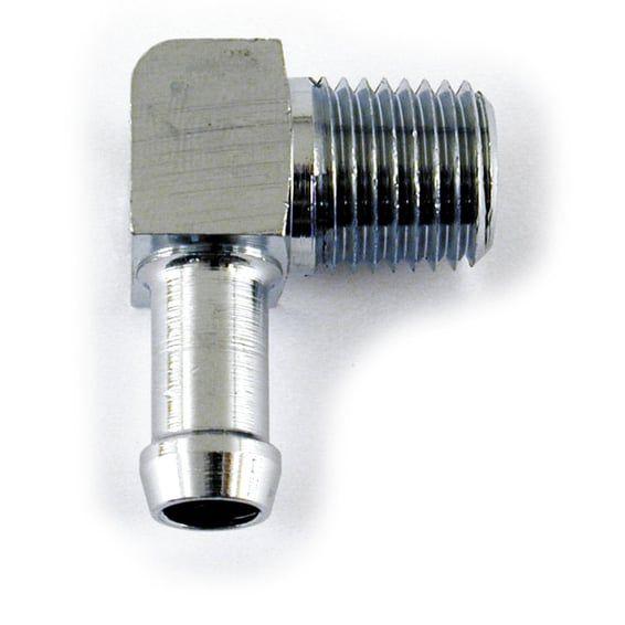 Oil hose fitting, 90 degrees. 1/4" NPT to 5/16". Chrome