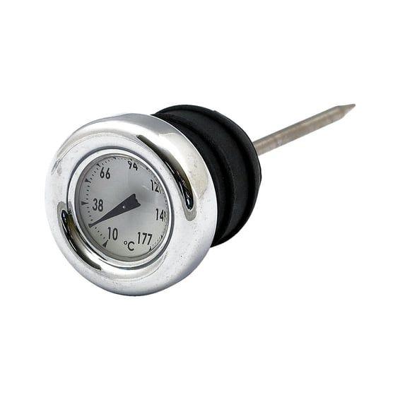 Oil tank dipstick with temperature gauge. Chrome white face
