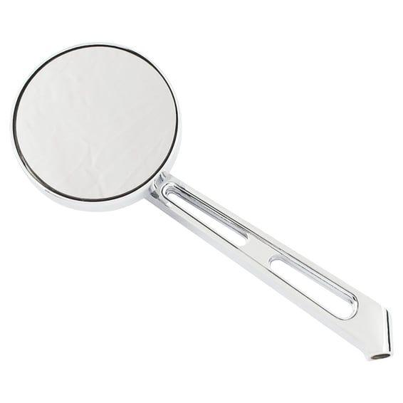 Mini-round aluminum mirror. Chrome, long stem, l&r