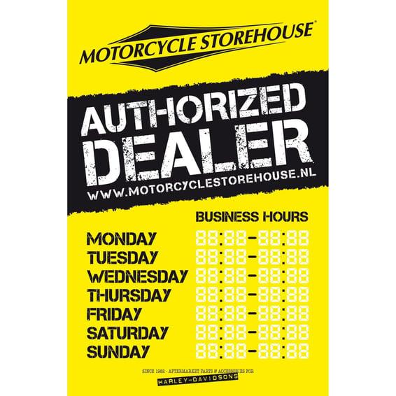 Motorcycle storehouse, 'business hours' decal