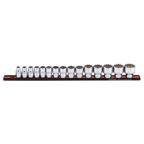 socket set 1/2" on rail. 15-piece. US/SAE
