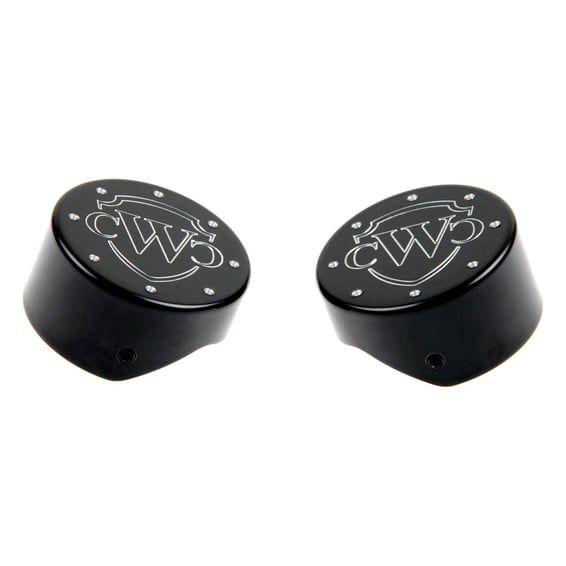 2-piece fork tube cap bolt cover kit. Black, logo