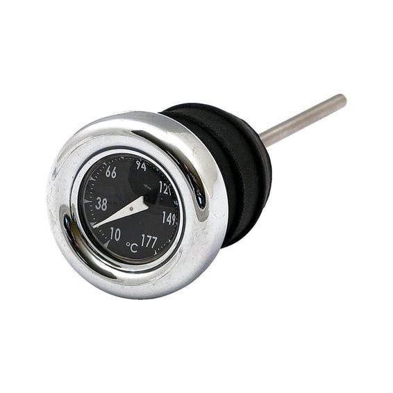 Oil tank dipstick with temperature gauge. Chrome black face
