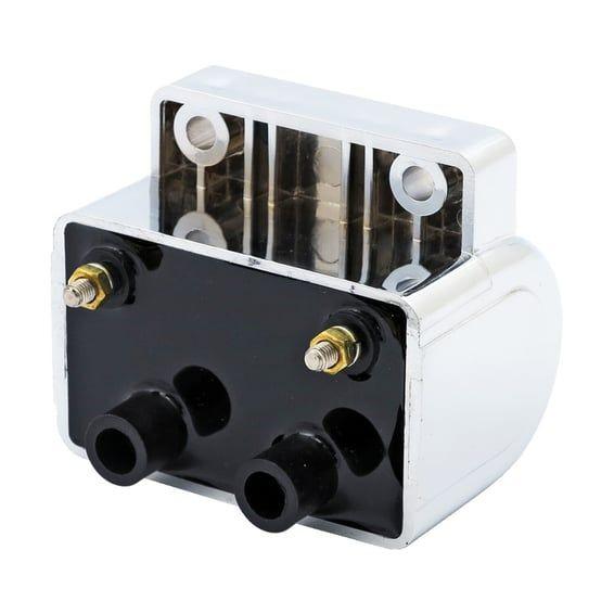 Late OEM style ignition coil. 12v, 5 ohm. Chrome