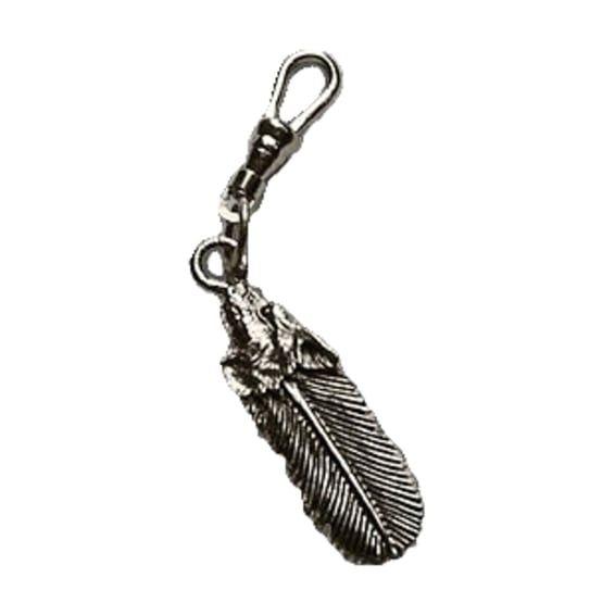 Wolf's head feather zipper pull
